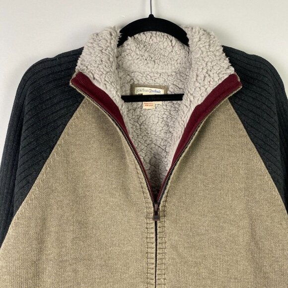 Carbon 2 Cobalt Sweater Mens Size M Full Zip Sherpa Lined Jacket Beige Gray - Picture 2 of 10